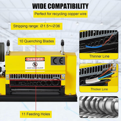 Wire Stripping Machine 0.06 inch -1.5 inch, 370w Portable Powered Wire Stripper Machine, 11 Channels 10 Blades & 65ft/minute, Automatic Wire Stripping Tool for Recycling Copper Wire