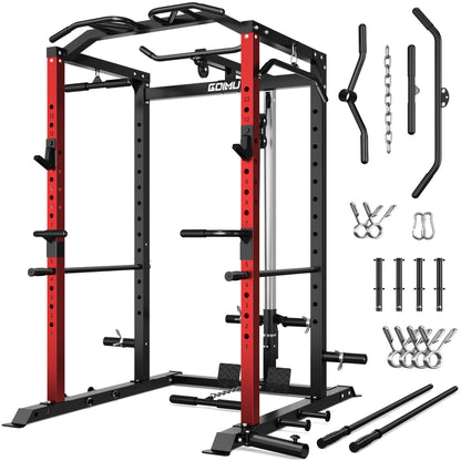 Goimu C1-V4 Power Cage, 2000LBS Squat Rack with LAT Pulldown, Multi-Function Weight Cage Strength Training Machine, Workout Cage with More Attachments for Home Gym Garage (C1-SE RD)