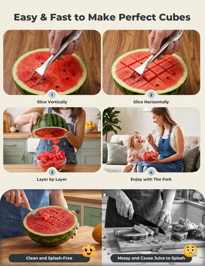 CripsTaste Watermelon Fork Cutter Slicer Tool, 2-in-1 Stainless Steel Fruit Cutter Melon Slicer Cutter Tool, Watermelon Cutting Tool for Home Party Camping Kitchen Gadget