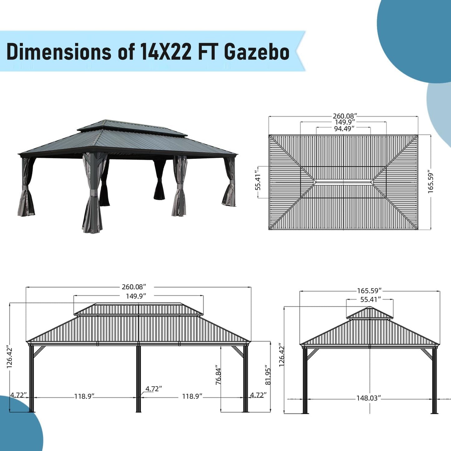 GOWE 14x22FT Hardtop Gazebo, Outdoor Gazebo with Galvanized Steel Double Roof, Aluminum Frame, Built-in Gutter System, Curtain and Netting, Metal Gazebo Pavilion for Patio Deck Garden, Grey