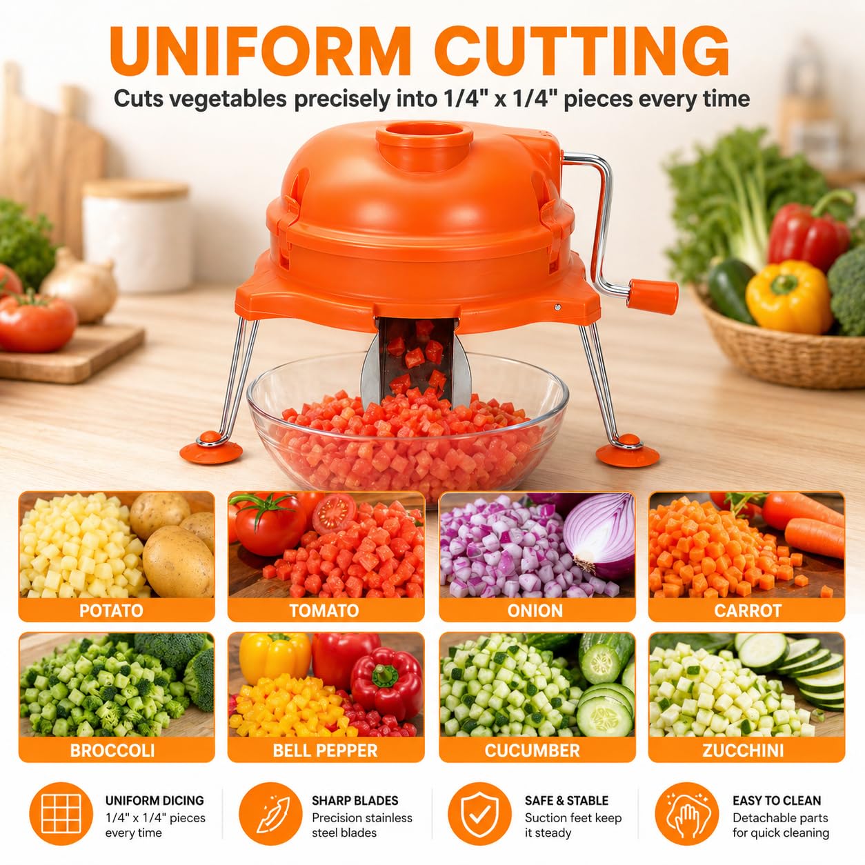 CL003 Commercial Vegetable Dicer, CL003 Dynacube Manual Tabletop Cuber, Heavy Duty 1/4" x 1/4" Food Prep Cutter, Orange Kitchen Vegetable Cutting Tool, Durable for long lasting use