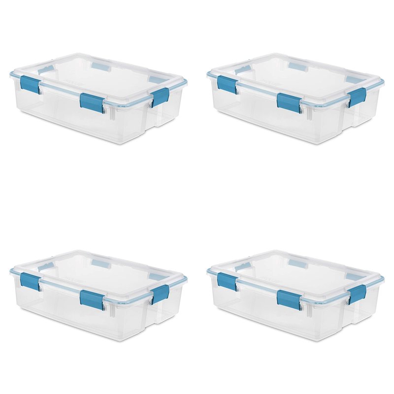 Sterilite 37 Qt Gasket Box, Stackable Storage Bin with Latching Lid and Tight Seal, Plastic Container to Organize Underbed, Clear Base and Lid, 4-Pack