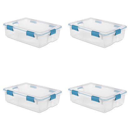 Sterilite 37 Qt Gasket Box, Stackable Storage Bin with Latching Lid and Tight Seal, Plastic Container to Organize Underbed, Clear Base and Lid, 4-Pack
