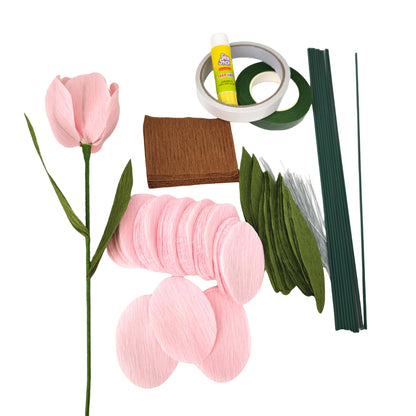 Mybbshower Pink Crepe Paper Tulip for Home Decor DIY Kit with Floral Tape & 12 Wire Stems DIY Craft Projects Crepe Paper Flower