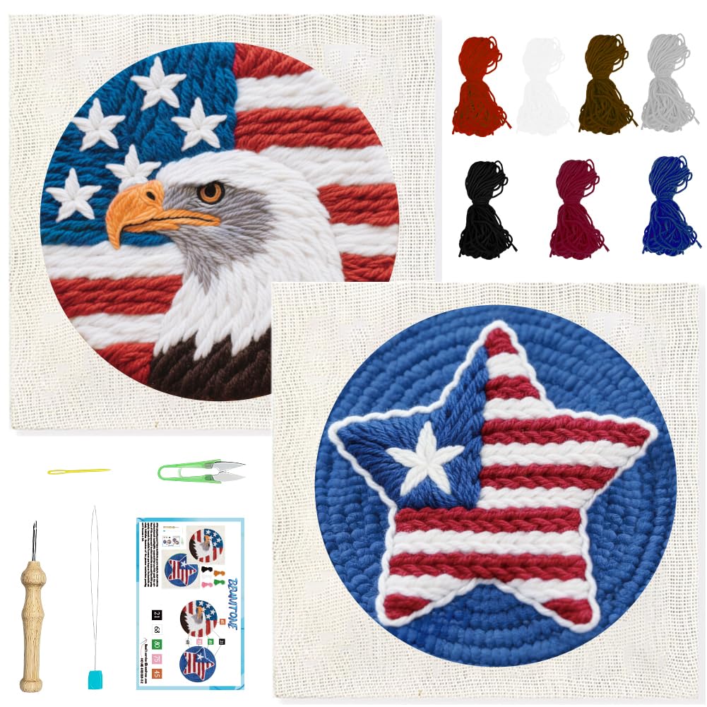 BEUNITONE 2Pcs Punch Needle Kit for Beginners, American Flag Starter Embroidery Kits with Frame & Instructions, Needle Felting Kit Poke Art for Adults DIY Craft for Coasters, Bags, Clothes Decor