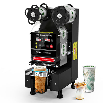 Vtsmax Automatic Cup Sealing Machine 90/95mm, 500-700 Cups/H Electric Cup Sealer with Counting LCD Panel for Bubble Tea, Milk, Juice, Coffee and Boba Shop etc. (Black)