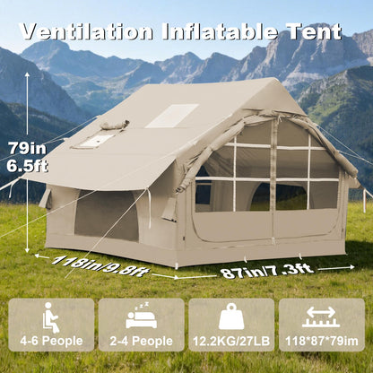 4-6 Person Inflatable Tent for Camping with Stove Jack, Hand Air Pump Easy Setup Blow Up Tents for 4 Seasons Waterproof Inflatable Air House Tent for Outdoor Adult