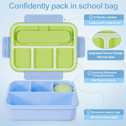Caperci 50oz Larger Bento Box for Kids - Reinforced Leakproof Lunch Box Containers for Kids, Built-in Sauce Cup, Utensils, 4 Compartments, BPA-Free Microwave & Dishwasher Safe (Lime/Blue)