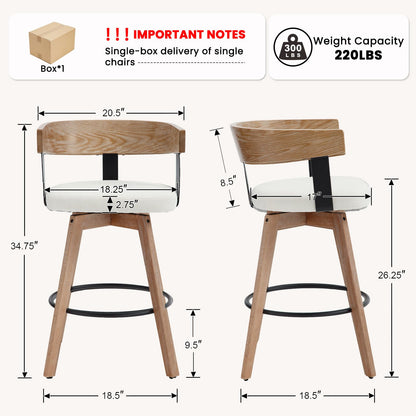 DUOMAY Swivel Bar Stools Set of 2, 26" Counter Height Bar Stool with Footrest Modern Wood Barstools with Linen Upholstered Seat Counter Stools for Kitchen Island Home Bar, White