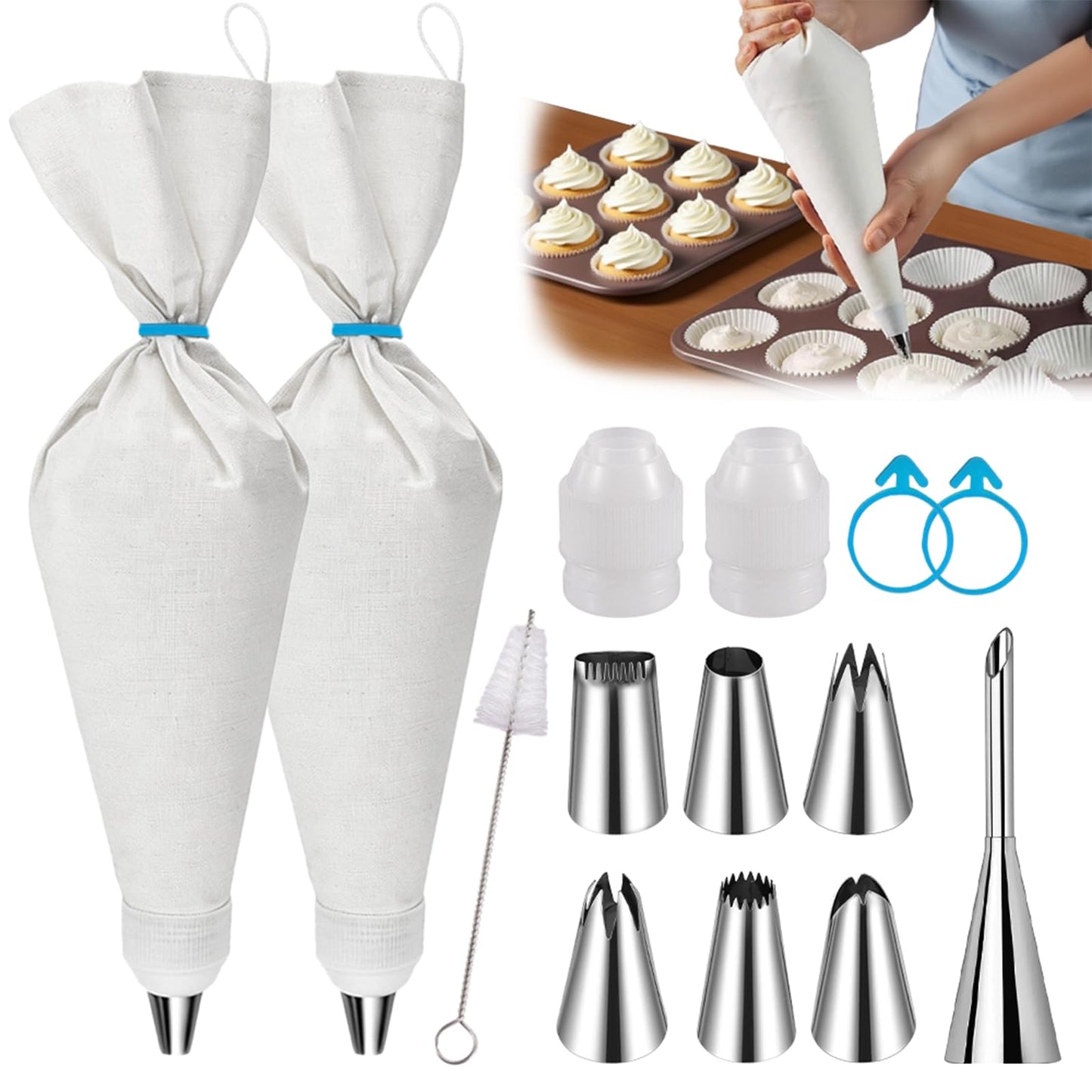 Reusable Piping Bags and Tips Set – 16" Pastry Bags for Cake Decorating, Cupcakes & Cookies with Frosting Tips – Leak-Proof Cotton Icing Bags, Eco-Friendly Baking Kit for Home Bakers & Beginners