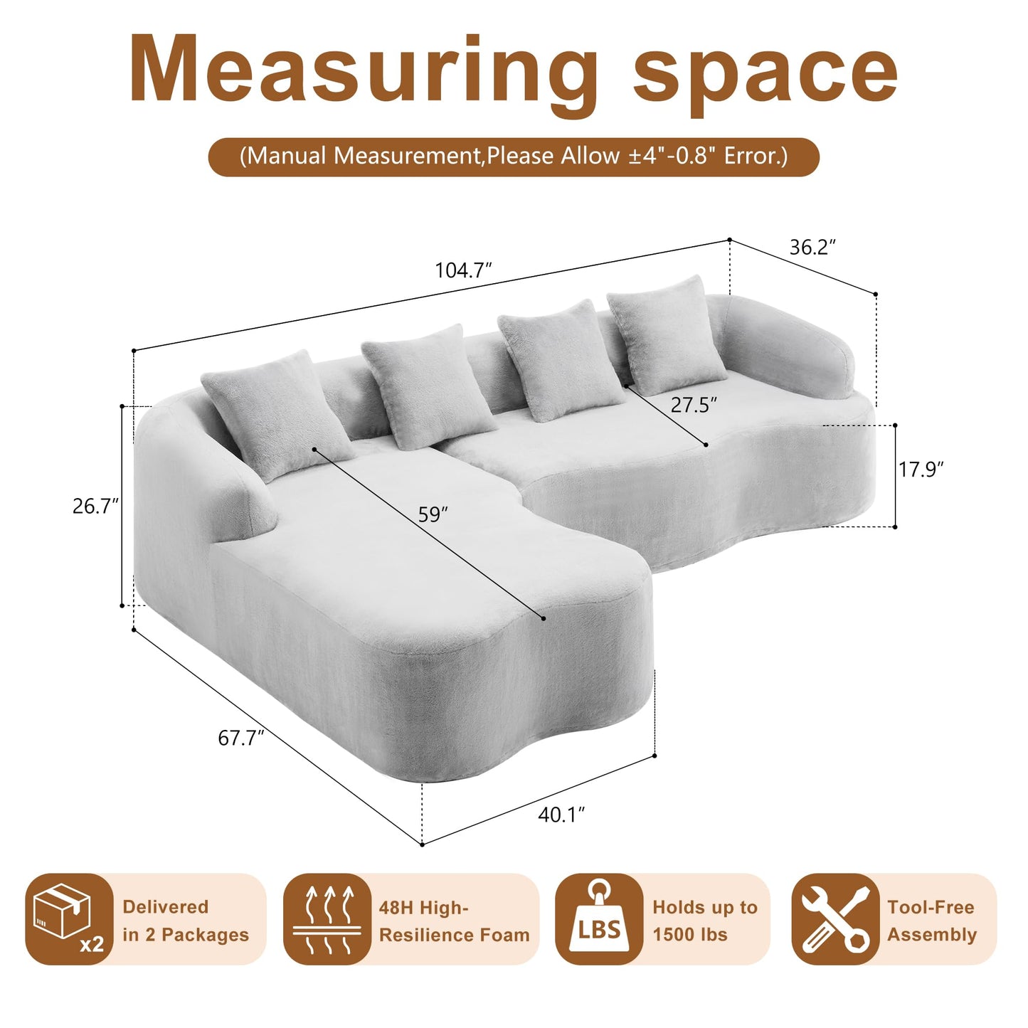 104.7” Cloud Sectional Sofa with Chaise Lounge, Boneless Curved Couch, Deep Seat Chenille Fabric Oversized Modern Sofa for Apartment Living Room