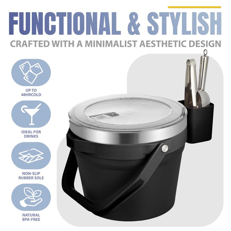 COKTIK 7L Vacuum Insulated Ice Bucket with Lid and Scoop& Tongs，Large capacity Stainless Steel Beverage Bucket for Cocktail, Champagne, Wine, Beer，Large Parties（Carbon Black Suit）