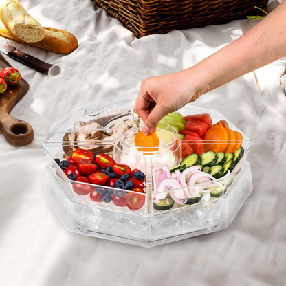 IVYHOME Ice Serving Lazy Susan, Chilled Food Containers with 4 Removable Dishes and Smooth Rotating Tray, Condiment Server with Separate Lids, for Bar Accessories, Fruit, Salad, Taco, Party Garnish