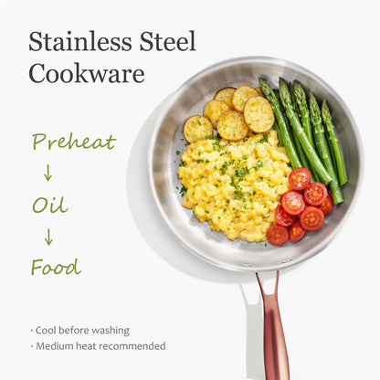 CAROTE 3-Piece Tri-Ply Stainless Steel Frying Pan Set, Skillet Set 8"/10"/12", Induction Compatible, Oven & Dishwasher Safe, Gold Handle