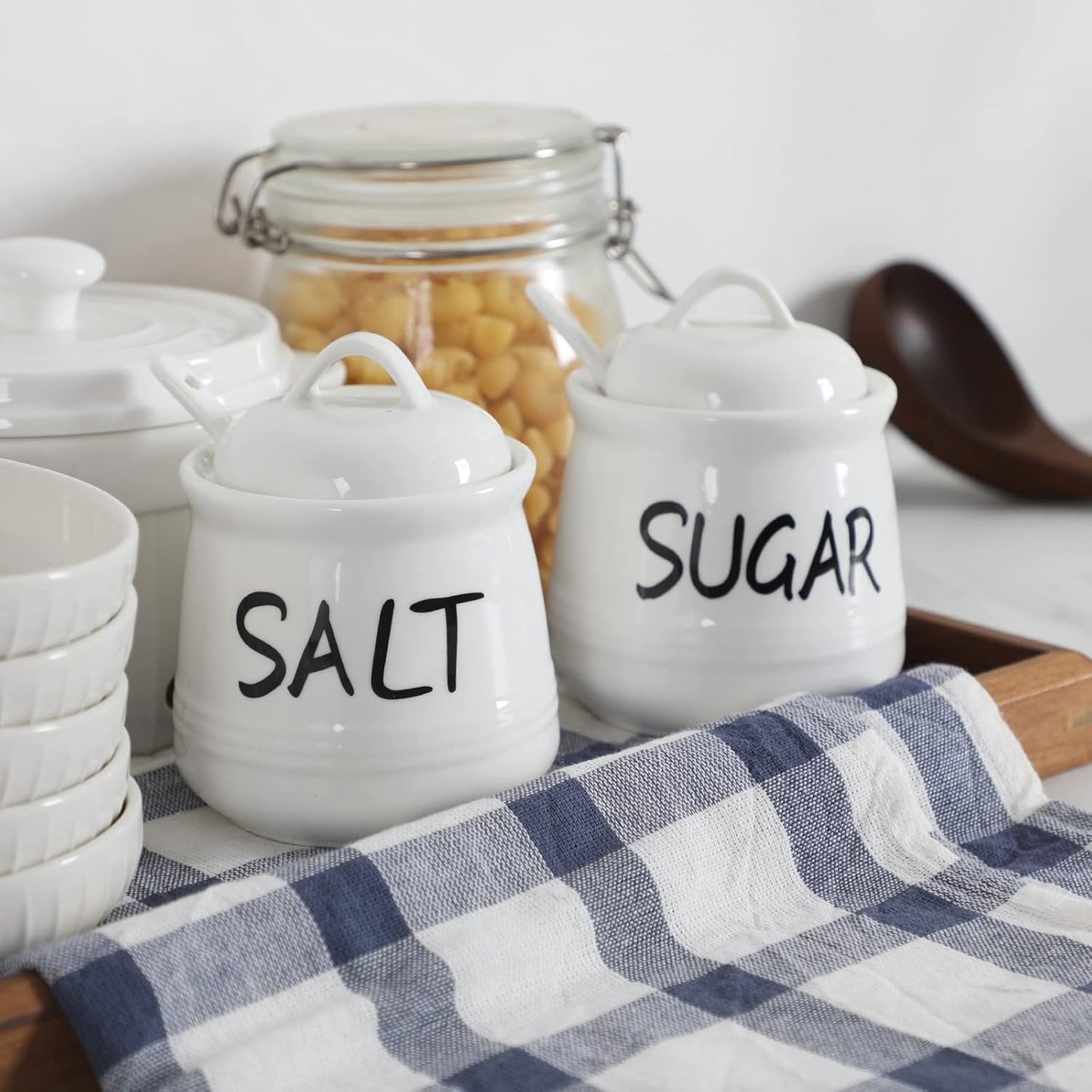 '-12 oz Set, Counter, Salt and Sugar Bowls with Lid and Spoon Ceramic Salt and Sugar Cellar Salt and Sugar Containers
