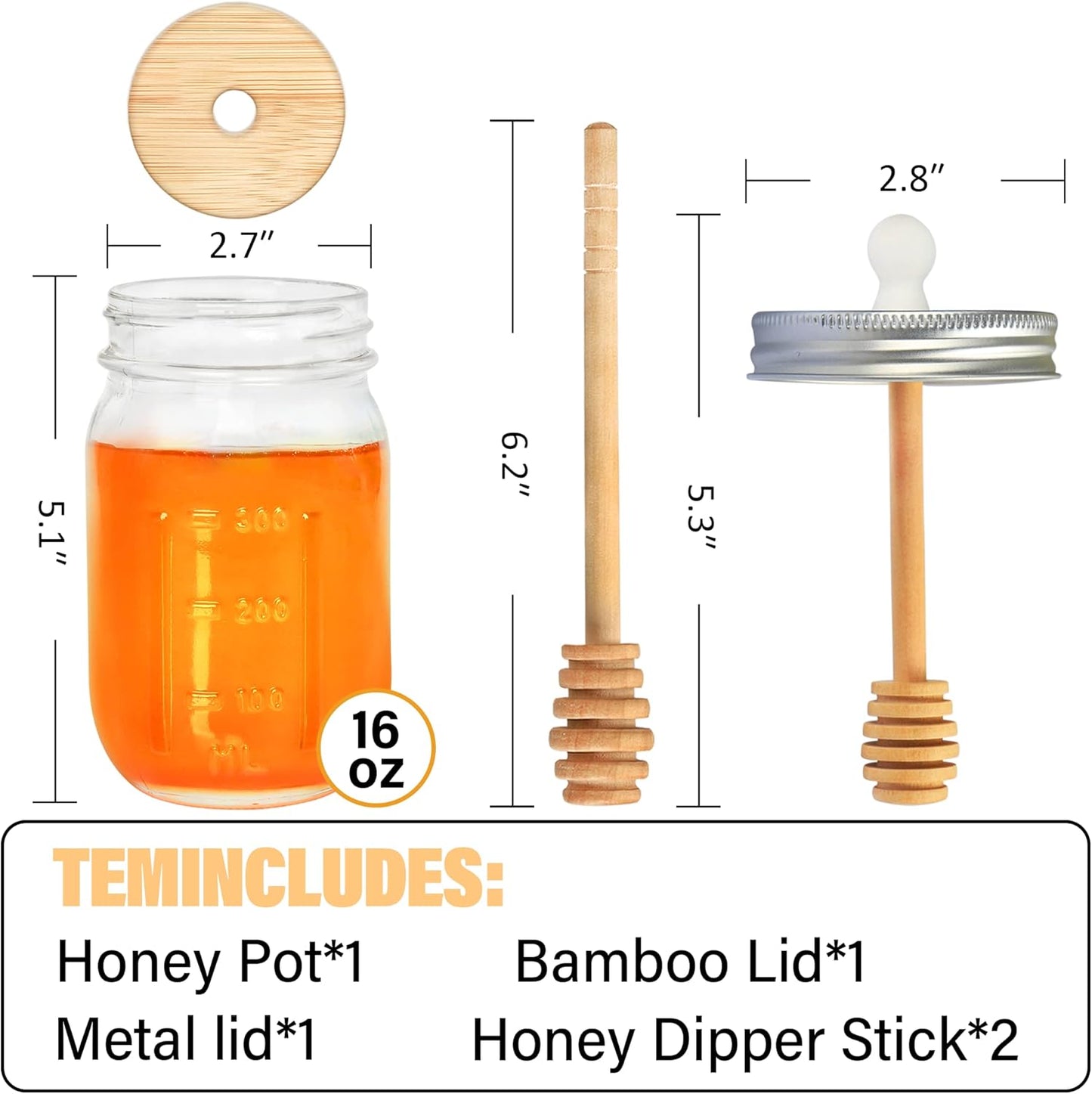 16oz Set,Honey GIVAMEIHF Glass Honey Jar with Dippers Stick Pot with Dipper and Lid,Honey Containers for Airtight Syrup