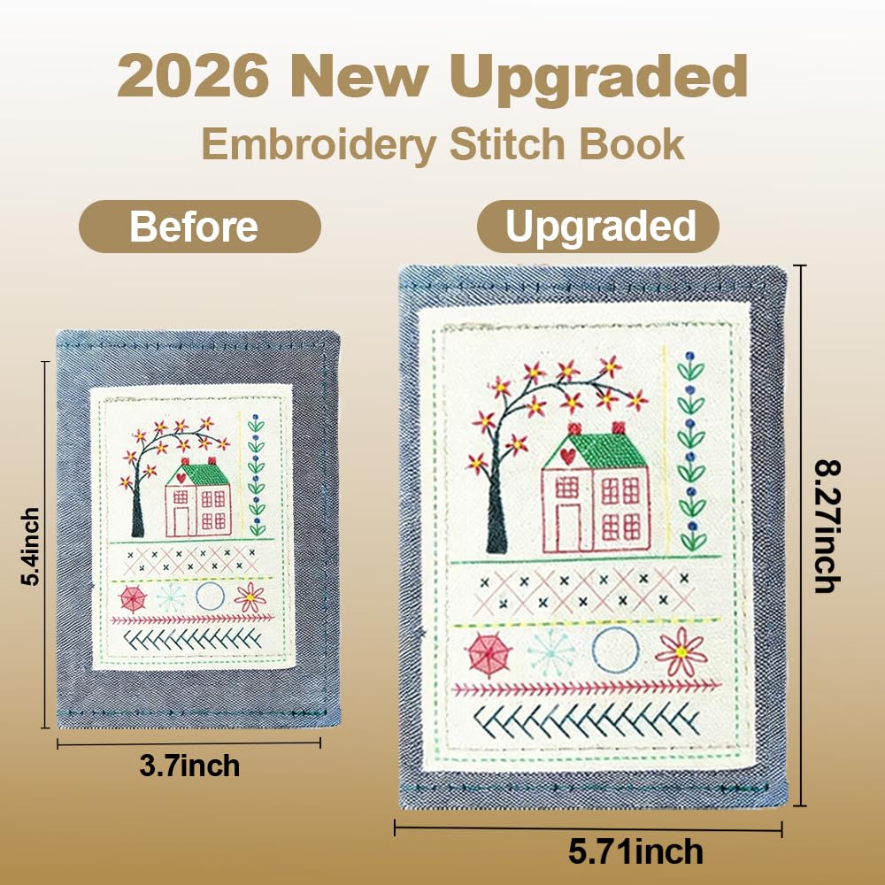 WSJAWH Plus Size Embroidery Stitch Book Kit Sampler for Adults, Embroidery Kit Practice Books for Beginners with Fabric Pages Patterns Needles Tutorials Sewing Tool Kit, Gift for Craft Lovers (1)