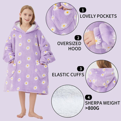Wearable Blanket Hoodie for Kids Oversized Sherpa Blanket Hoodie for Kids Boys Girls Teens 6-13YR,Daisy