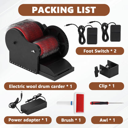 Consfly Electric Wool Drum Carder Wool Carding Machine w/Brush, Awl & 2 Foot Switches, 0-56 RPM Fiber Combing Machine for Blending Mixing