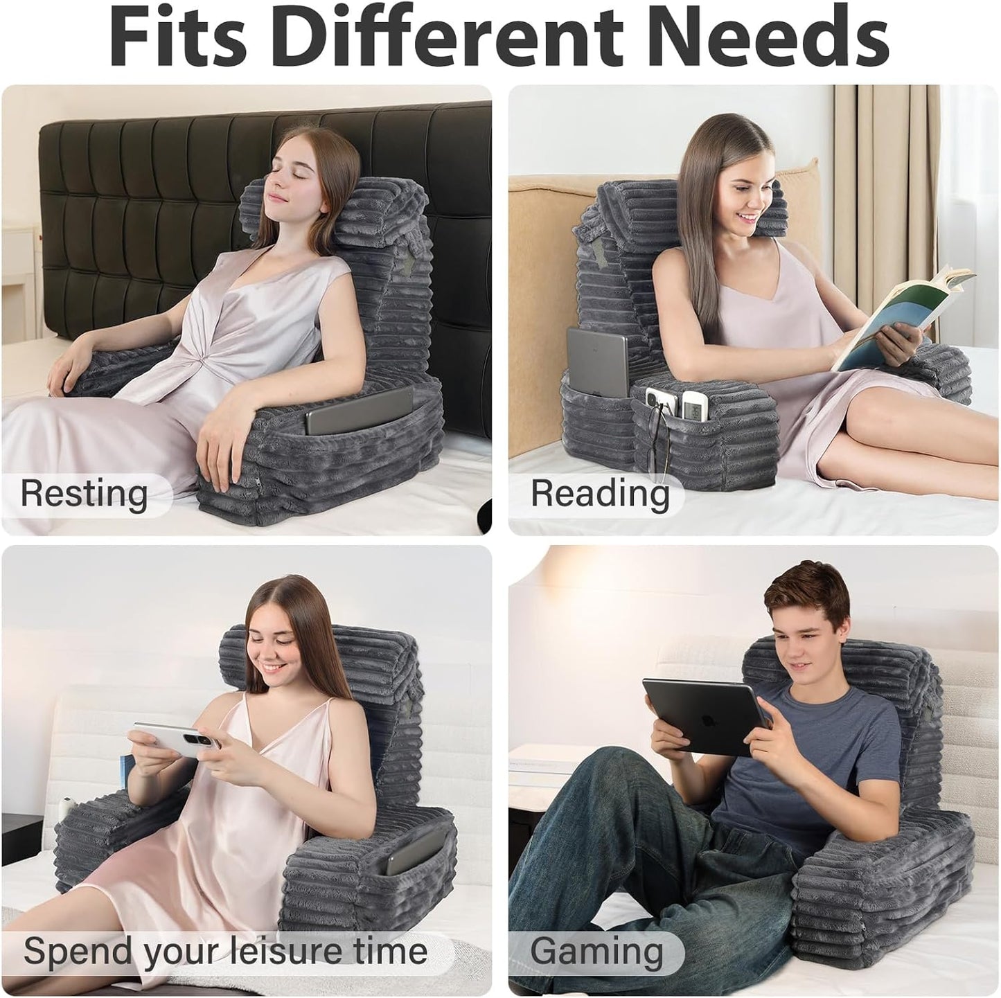 19 ENITYA Back Pillow for Bed Sitting up, Built-in Armrests & Big Pockets, Back Support Chair Pillow for Sitting