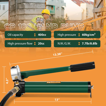 Newhai 10 ton 2” Hydraulic Ram Jack+ cp-180 Hand Pump with Pressure Gauge Hydraulic Porta Power 10 ton kit Low Profile Short Cylinder