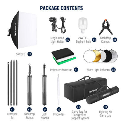NEEWER Photography Lighting Kit with Backdrops,8.5x10ft Backdrop Stands,5700K 800W Equivalent 24W LED Umbrella Softbox Continuous Lighting,60cm Light Reflector, Photo Studio Equipment for Video Shoot