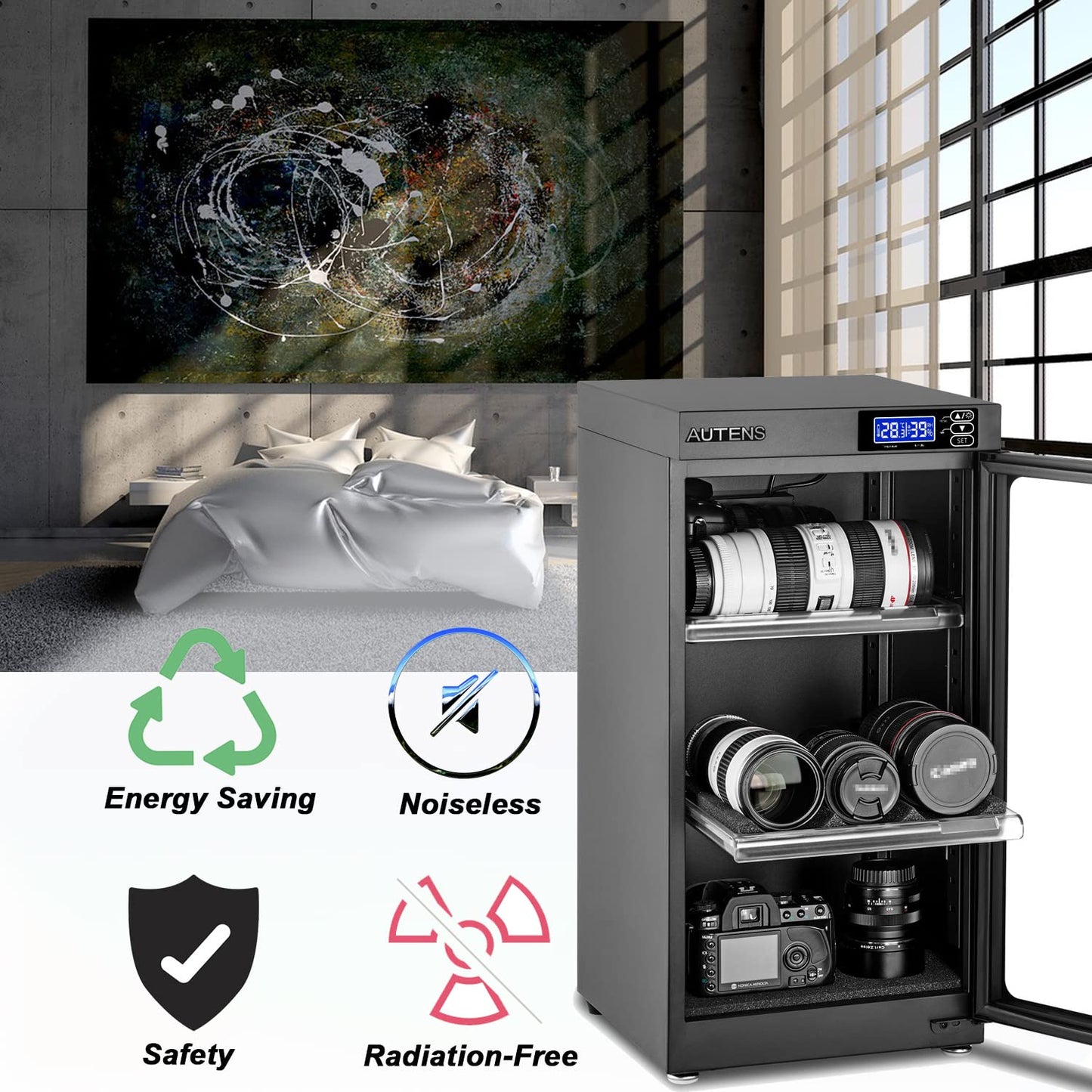 AUTENS Dehumidifying Dry Cabinet Box with Combination Lock,Digital Control Noiseless and Energy Saving,for Camera Lens,Electronic Equipment,Collectibles Storage,Temperature Humidity LED Screen (50L)