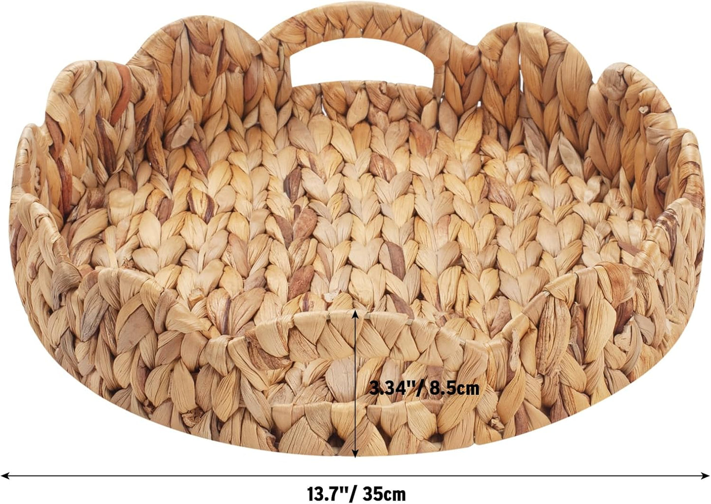 14 inch Yangqihome Round Scalloped Serving Tray, Decorative Water Hyacinth Scalloped Basket with Built-in Handles
