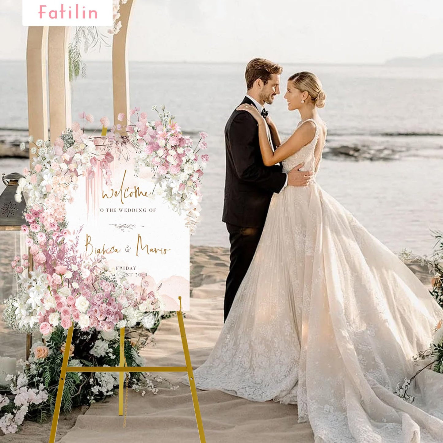 Fatilin 43.5" Gold Easel Stand for Sign, Heavy Duty Easel 4-Tier Adjustable Metal Floor Display Easel for Wedding Signs, Welcome Signs, Posters, Mirrors, Pictures, Art, Parties & Paintings