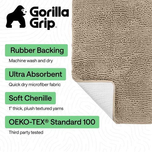 GORILLA GRIP Bath Rug Mat - Thick Absorbent Chenille | Quick-Dry Microfiber, 54x24, Gray Beige