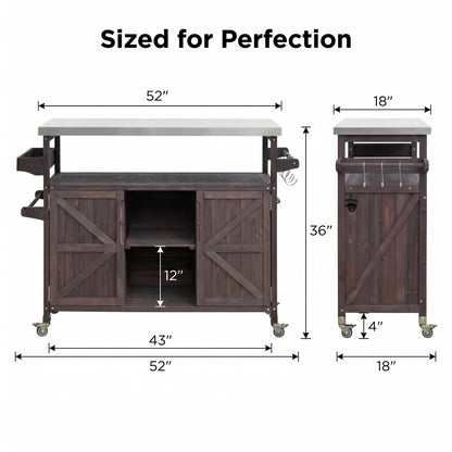 50" Outdoor Kitchen Island Grill Cart with 201 Stainless Steel Top, Solid Fir Wood, Modular Design, Internal Storage & Adjustable Shelves, 4 Lockable Wheels, 400LBS Capacity for Patio BBQ, Brown