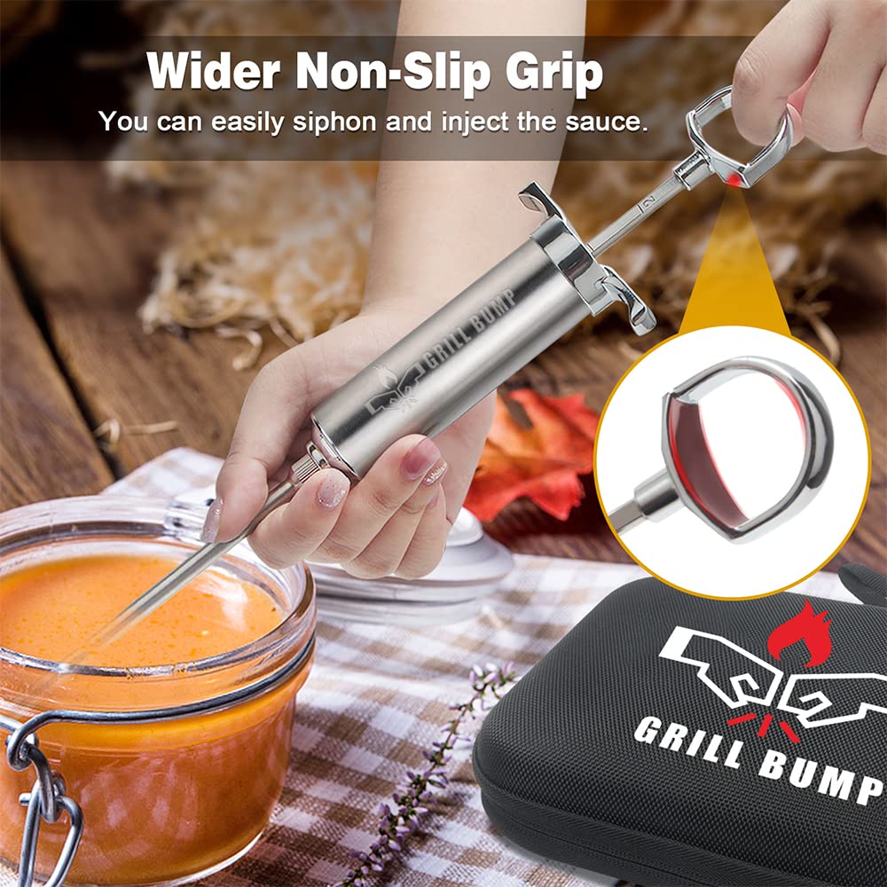 Grill Bump Meat Injector Syringe Kit with 3 Professional Marinade Injector Needles and Travel Case for BBQ Grill Smoker, Turkey and Brisket; 2-oz Large Capacity, Both Paper User Manual and E-Book