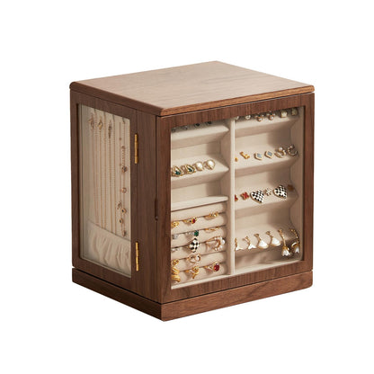 Homruilink Black Walnut Wooden Jewelry Box - 360° Rotating Jewelry Organizer for Women with 5 Drawers for Rings,Necklaces,Earrings and Bracelets -Large Storage Case - Ideal Gift