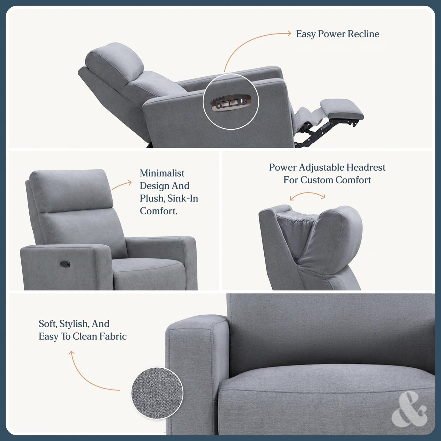 Nurture& The Glider Premium Power Recliner Nursery Glider Chair with Adjustable Head Support | Designed with a Thoughtful Combination of Function and Comfort | Built-in USB Charger (Gray)