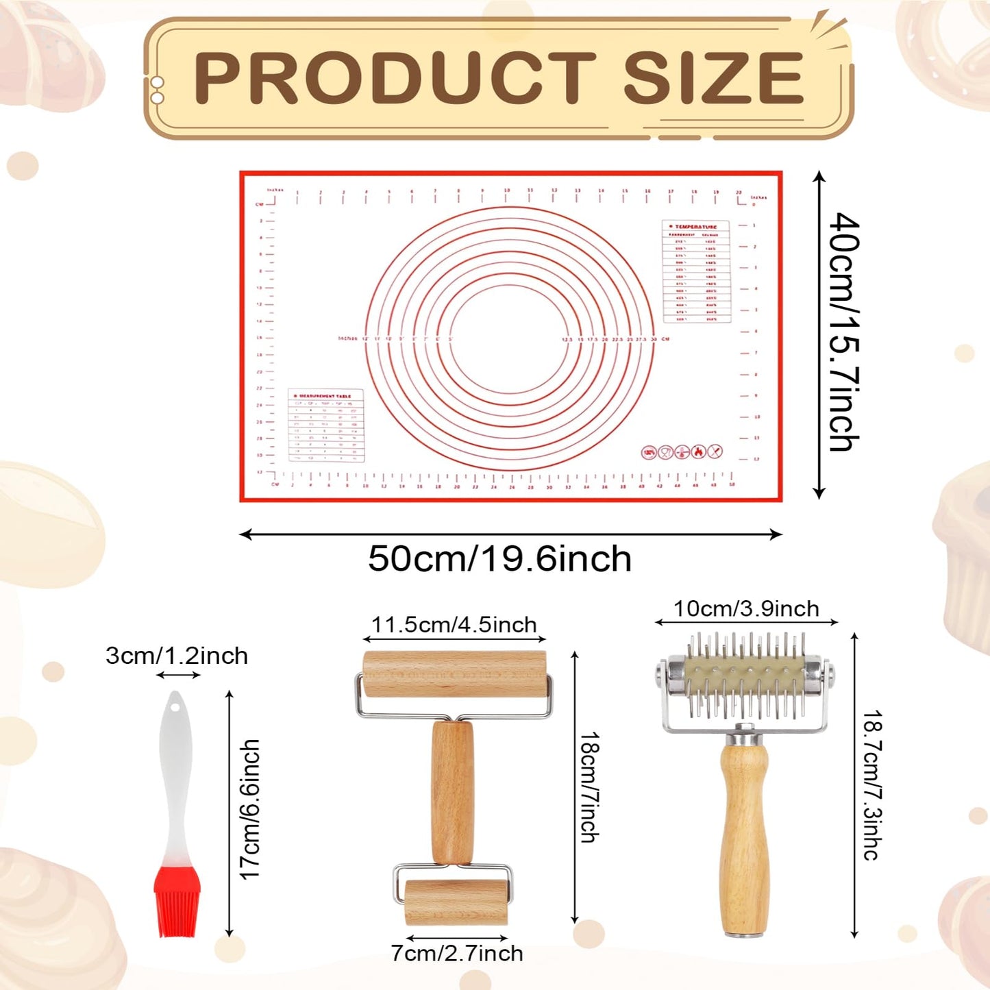 4Pcs Pizza Baking Tool Kit with Dough Docker, Non-Slip Silicone Baking Mat & Wooden Rolling Pin – Essential Tools for Pizza, Pie, Pastry, Bread and Cookies