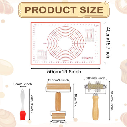 4Pcs Pizza Baking Tool Kit with Dough Docker, Non-Slip Silicone Baking Mat & Wooden Rolling Pin – Essential Tools for Pizza, Pie, Pastry, Bread and Cookies