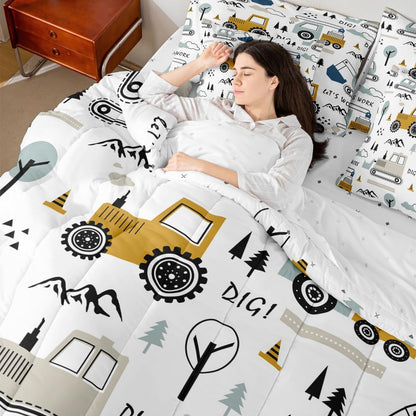 Set 7 Set Set Feelyou Cartoon Car Kids Comforter with Sheets Piece Twin Size Construction Bedding Boys Decor Equipment
