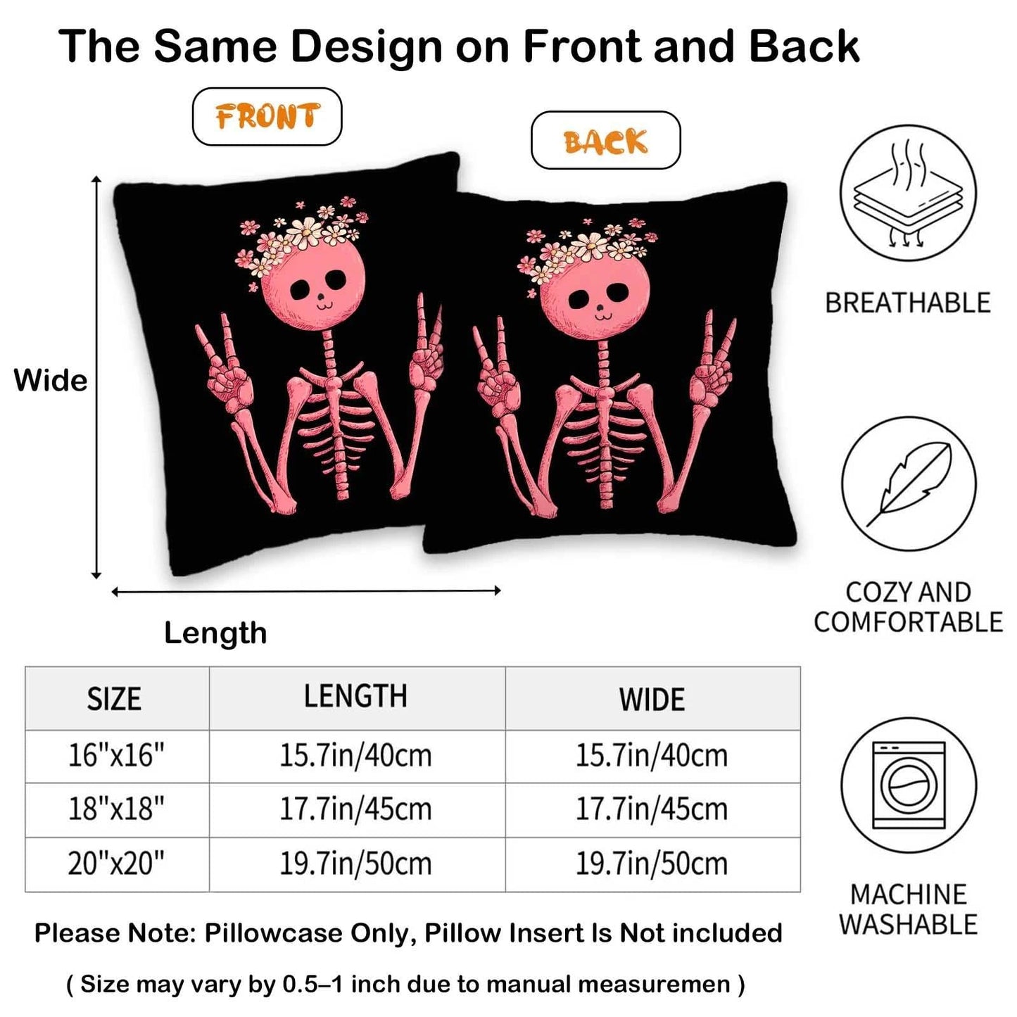 ZwenPdoe Skeleton Throw Pillow Covers 18x18 Set of 2 | Cute Pink Skull Decorative Cushion Covers with Hidden Zipper | Halloween Gothic Aesthetic Pillowcases for Couch Sofa Bedroom Decor