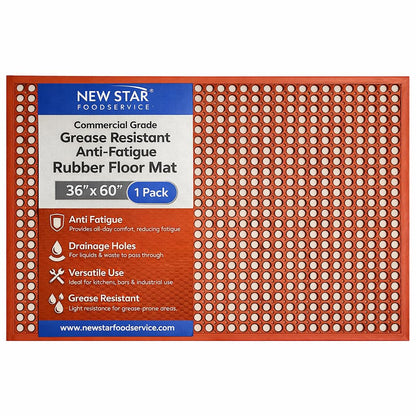 New Star Foodservice 54521 Commercial Grade Grease Resistant Anti-Fatigue Rubber Floor Mat, 36" x 60", Red