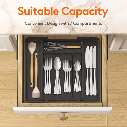 Lifewit Drawer Organizer Set - Expandable Plastic Storage for Silverware & Cooking Utensils | BPA-Free, Black