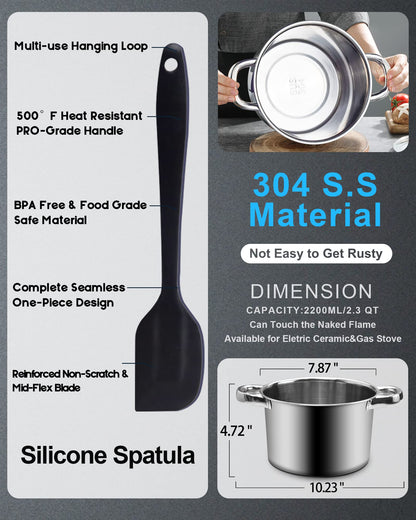 Double Boiler Pot Set,1200ML Double Boiler for Chocolate Melting, 2800ML 304 Stainless Steel Pot With Silicone Spatula for Melting Chocolate, Candy, Candle, Soap, Wax