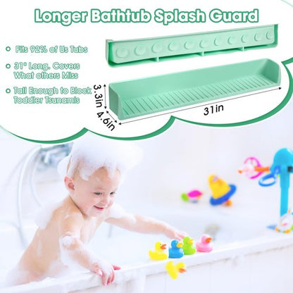 Longer Splash Guard for Bathtub Kids, 2.6 Ft Silicone Bathtub Splash Guard for Tub Kids with 11 Strong Suction Cups, Play Shelf & Toy Holder Tray to Prevent Mess and Water Overflow from the Tub