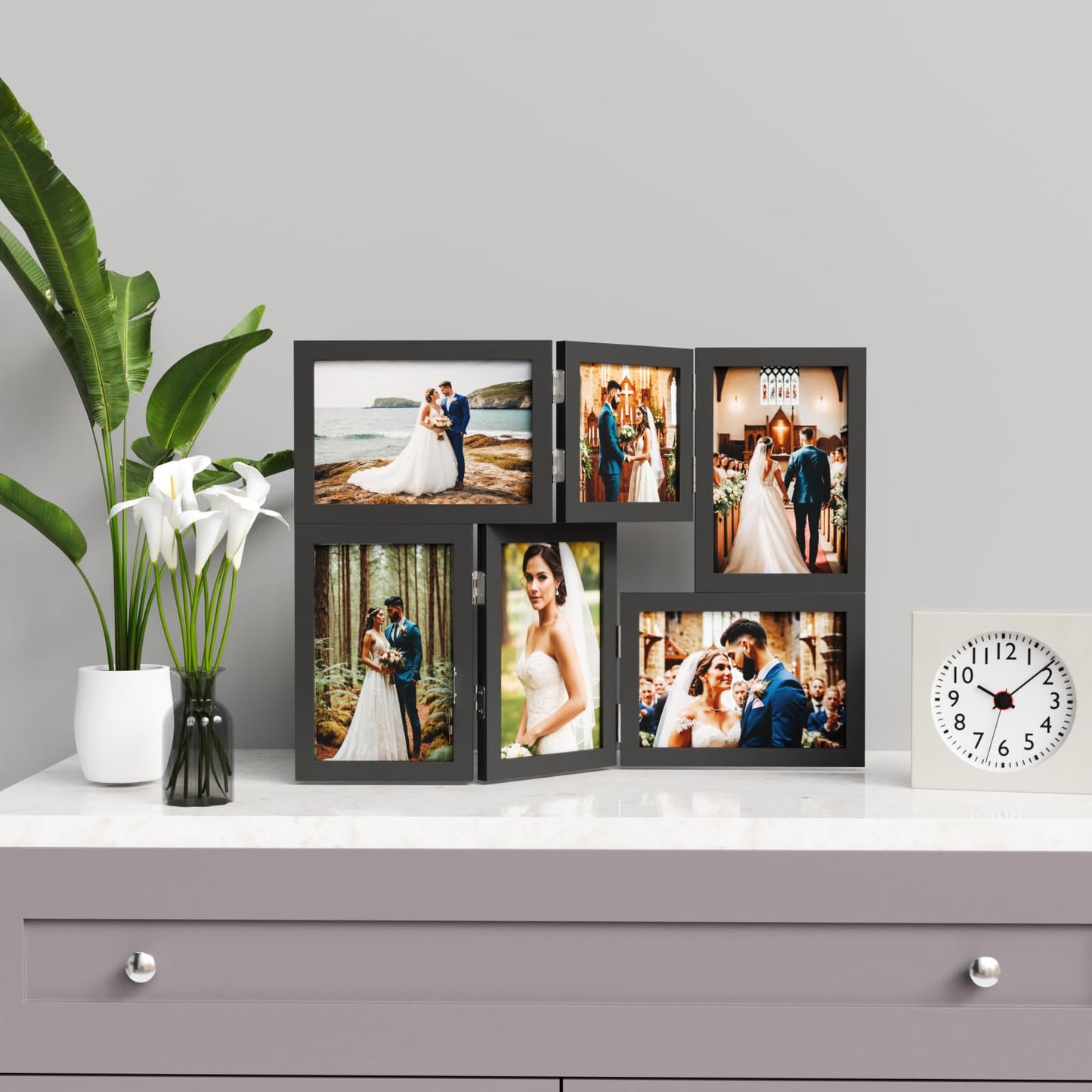 WARM&LOVE 6 Picture Frame, 4x6 & 4x4 Six Folding Hinged Photo Frames, Rustic Wood Desk Family Photo Collage Stand Vertical on Tabletop for Birthday Family Lover Gift (Black)