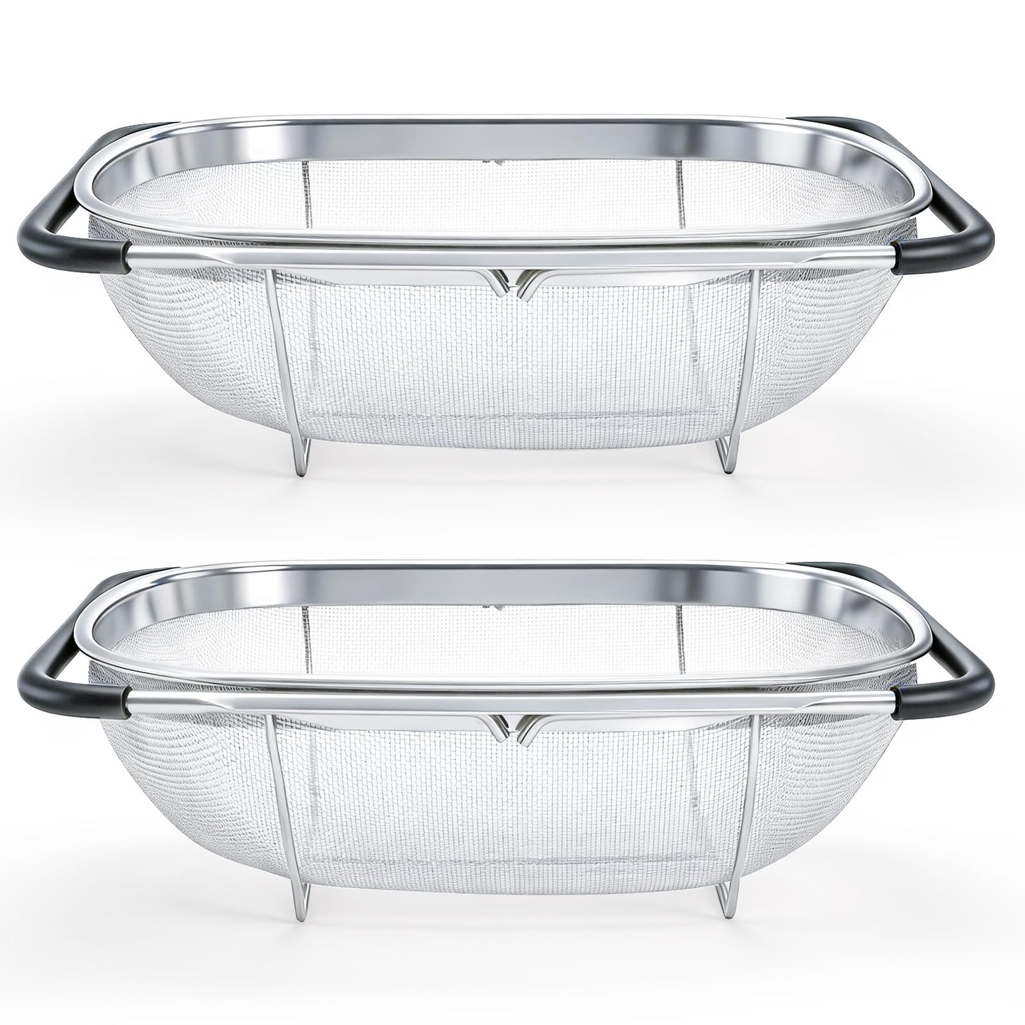 Suwimut 2 Pack Over the Sink Oval Colander for Kitchen, Stainless Steel Fine Mesh 6 Quart Strainer Basket with Expandable Rubber Grip Handles for Straining, Draining, Rinsing Fruits, Vegetables