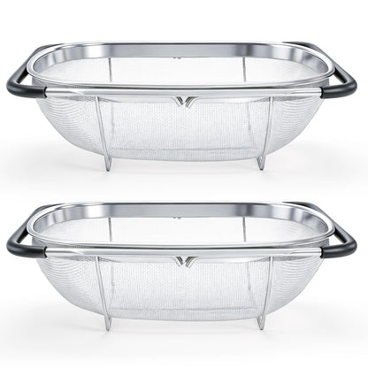 Suwimut 2 Pack Over the Sink Oval Colander for Kitchen, Stainless Steel Fine Mesh 6 Quart Strainer Basket with Expandable Rubber Grip Handles for Straining, Draining, Rinsing Fruits, Vegetables