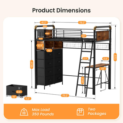Mixcous Twin Loft Bed with Desk and Storage, 8 Drawers Metal Gaming Loft Bed Frame with USB Charging Station & Pegboard, No Box Spring Needed for Teens Adults, Black