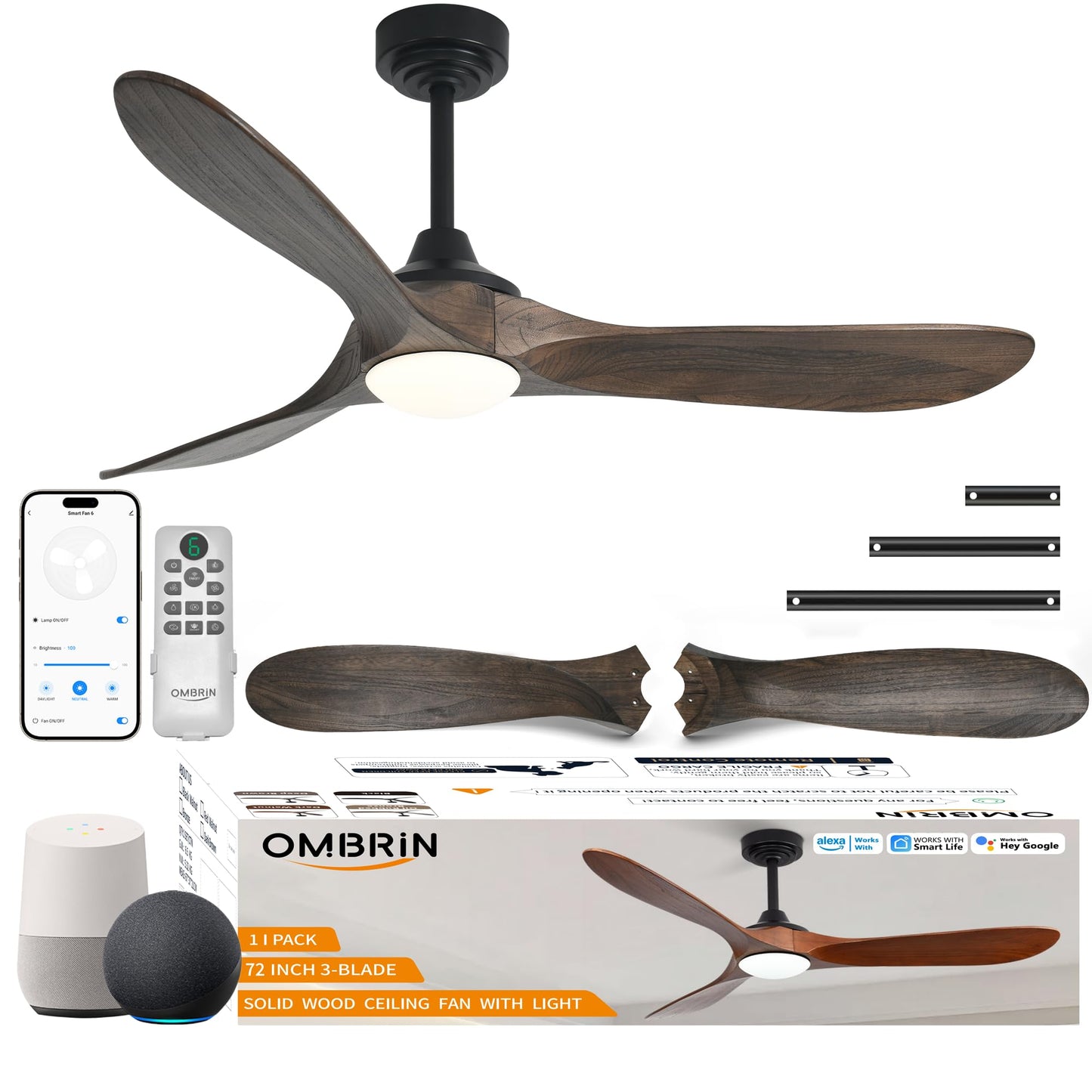 Ombrin 72 inch Outdoor Ceiling Fans with Lights,Smart Wood Large Ceiling Fan for Alexa,Google & APP Control,Indoor/Outdoor,3 Blades,3CCT Dimmable,Deep Brown Walnut,Downrod Mount for Patio Porch