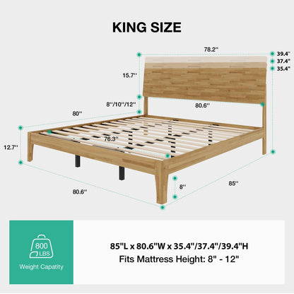 Novilla King Size Bed Frame with 3-Level Adjustable Storage Headboard, Solid Wood Platform Bed Frame with Slats, No Box Spring Needed, Noise Free, Natural Finish for Master Bedroom and Guest Room