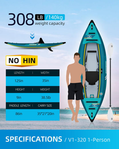 OCEANBROAD V1-320 Inflatable Sit-in Kayak(NO HIN) for Adults with Paddle, Kayak Seat, Pedal, Hand Pump and Bag, 3.2m/10ft 1-Person Kayak, Blue