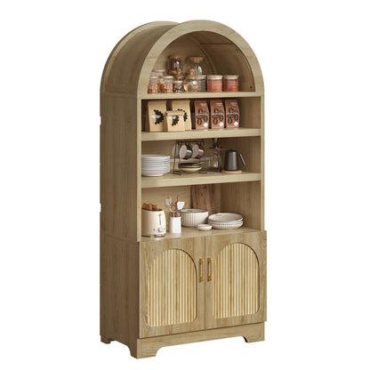 Bestier 71" Tall Arched Kitchen Pantry, Arched Cabinet with Doors, Modern Farmhouse Wood Kitchen Storage Cabinets with 3-Tier Adjustable Shelves for Living Room, Dining Room, Ktichen, Oak